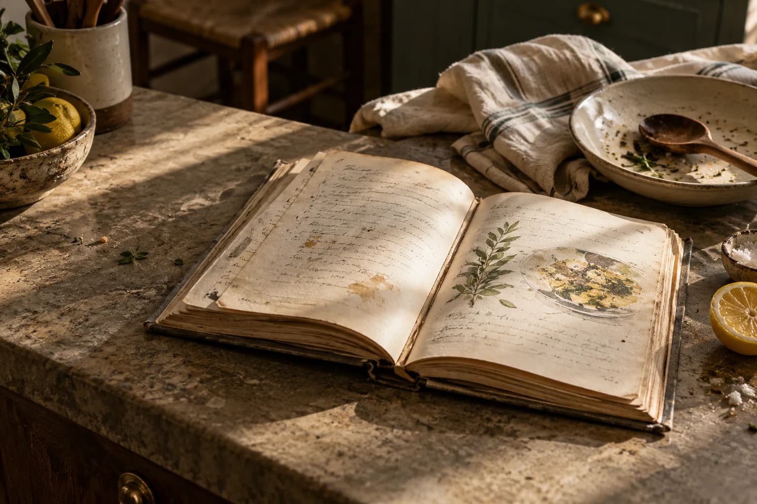 An open, well-used cookbook resting on a warm kitchen worktop.